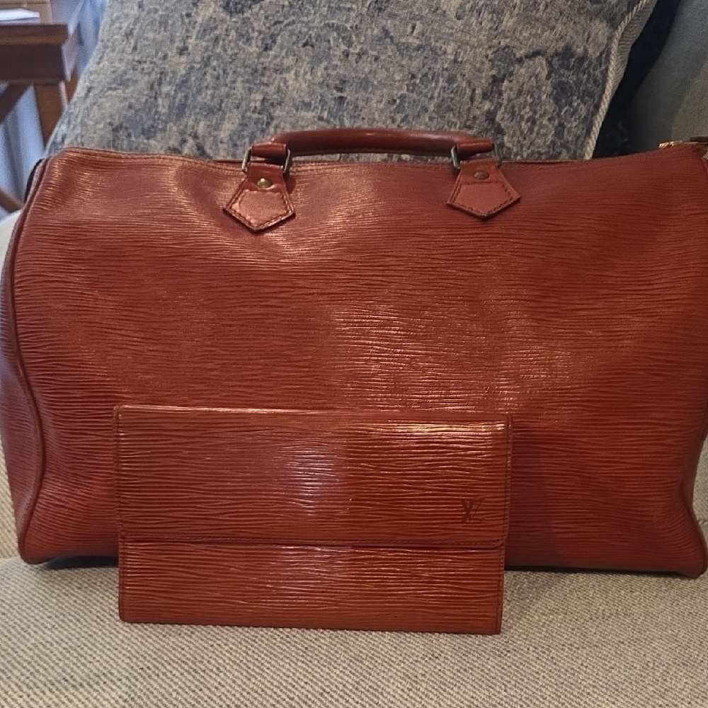 Louis Vuitton Red Brown Epi 35 Leather Satchel with Matching Wallet